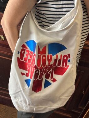 All You Need Is Love White Hobo Bag with Red and Blue Heart Graphic